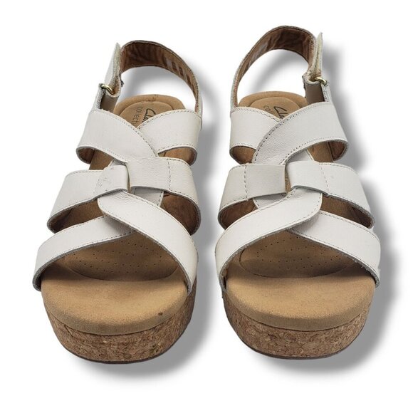 Clarks‎ Collection Giselle Beach Wedge Sandals Womens 11 White Leather Cork - Picture 3 of 9